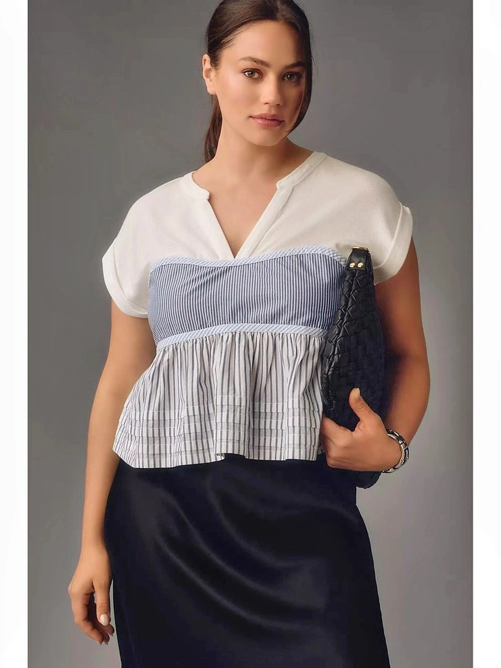 Pilcro Striped Peplum Blouse in White & Blue Size Medium Like New